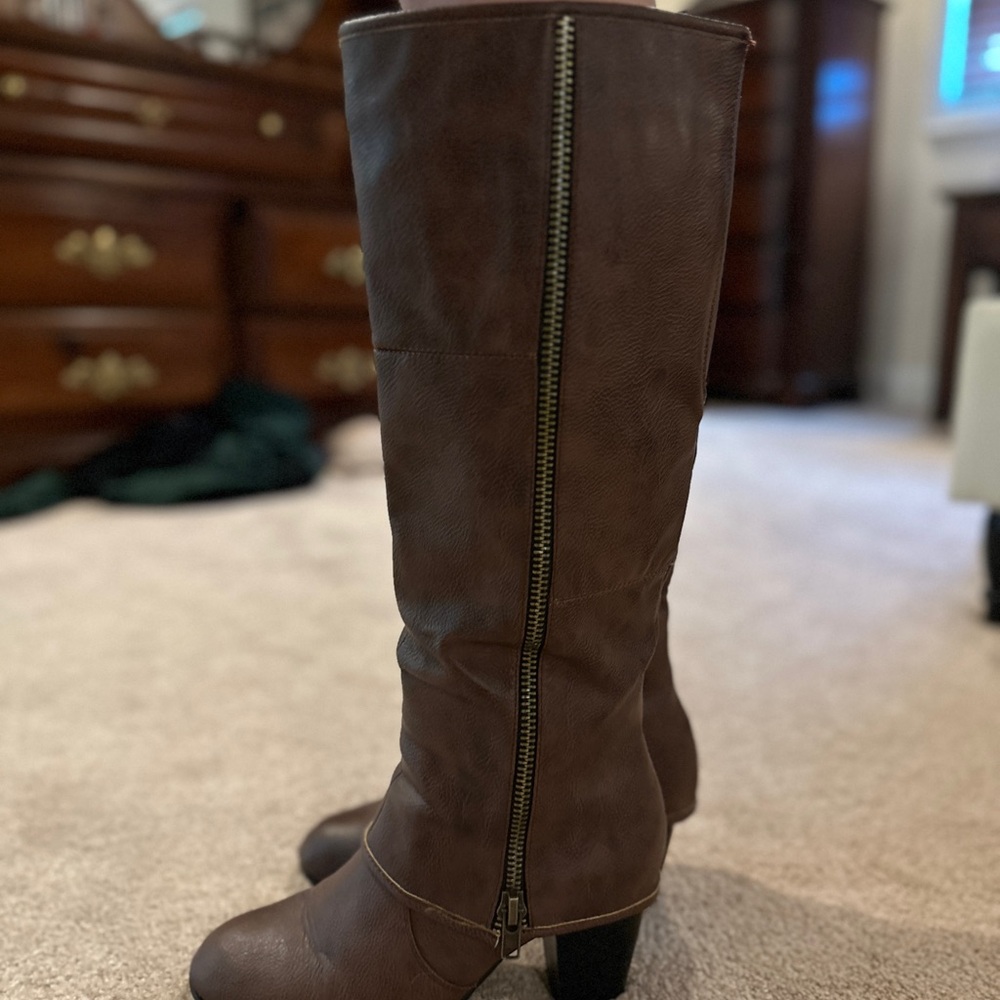Brown knee high faux leather boots, 3 inch heel